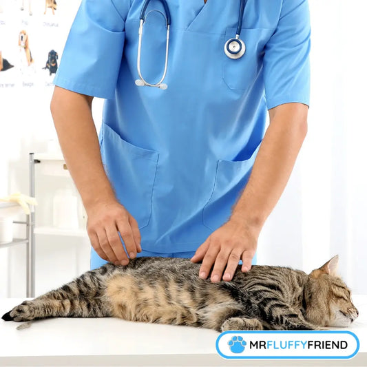 Een dierenarts onderzoekt een gestreepte kat op de onderzoekstafel om tekenen van artrose bij katten op te sporen