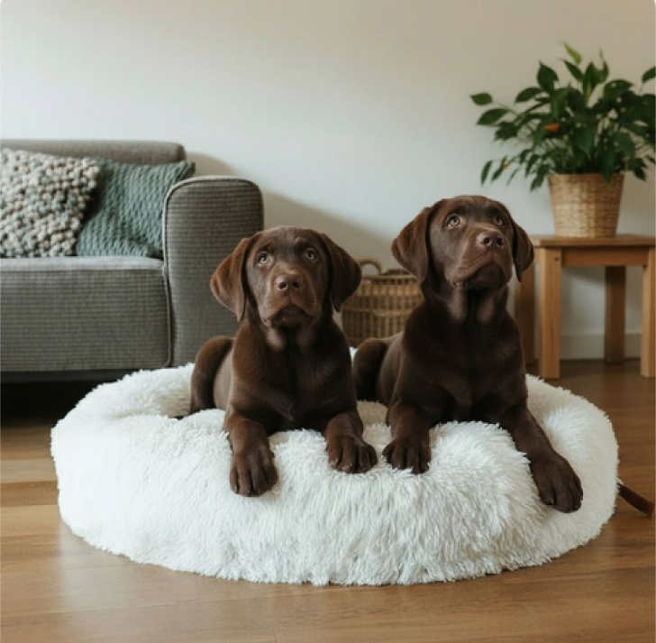 Bruine labrador lift op een rond, pluizig, wit MrFluffyFriend-bed